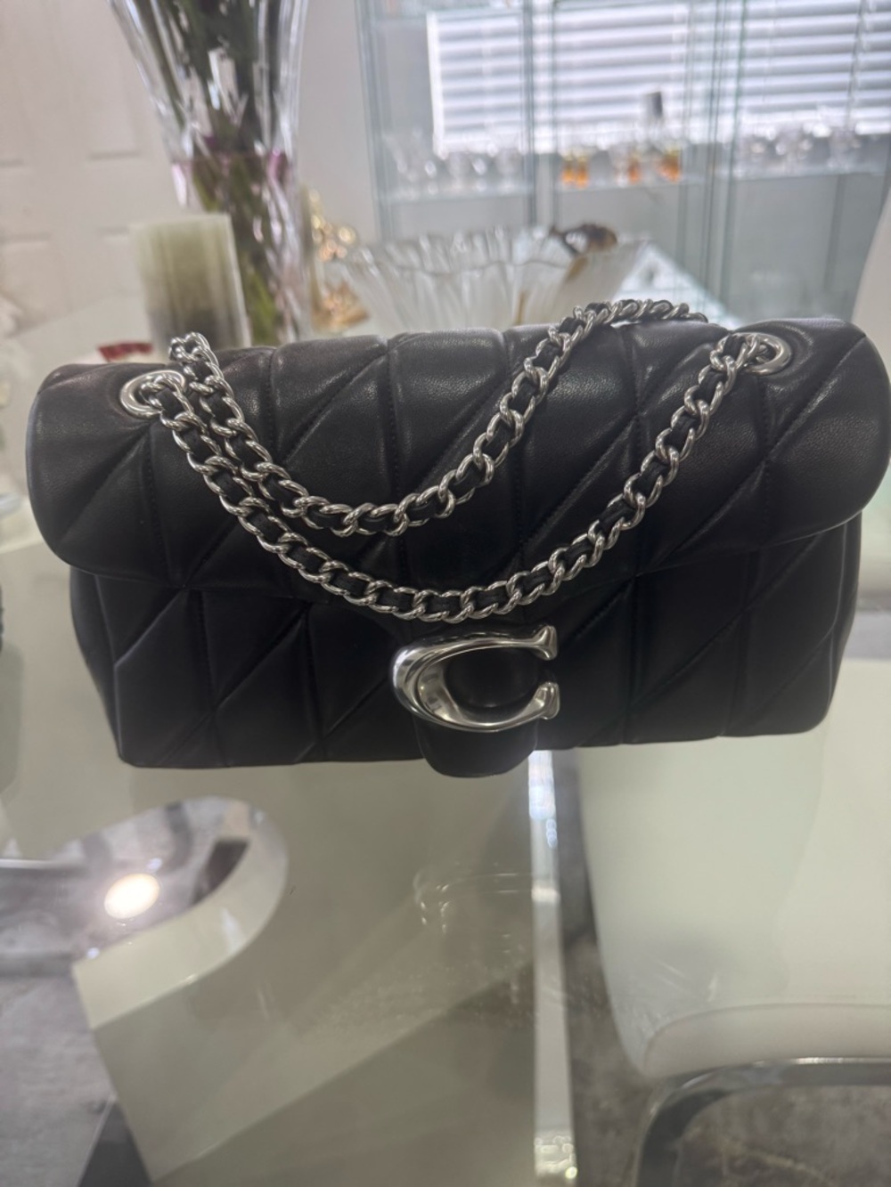 Black Quilted Shoulder Bag with Silver Chain